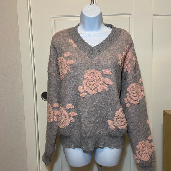 NWT Miss Sparkling “Believe You Will” Floral Chenille Sweater Gray Pink XL - Picture 9 of 9